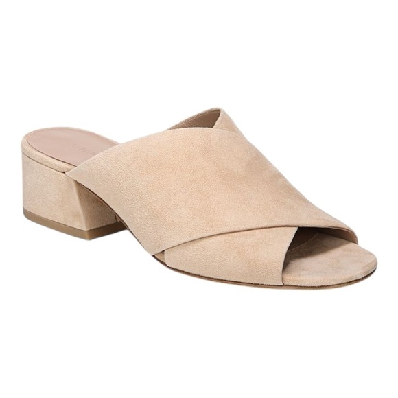 Vince Karsen Beige Suede Block Heel Slide Sandals Womens Size 8.5 M Open Toe - Picture 1 of 13